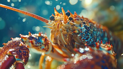 Close-up of a vibrant spiny lobster with intricate details and a bokeh background