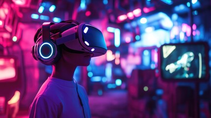 A gamer in full VR gear, controlling their avatar in a metaverse gaming world with vivid environments.