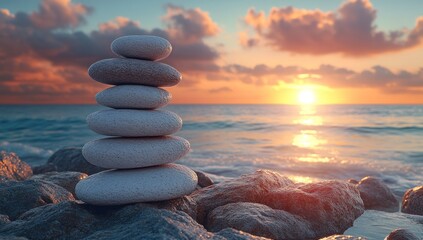 Poster - Zen Stones at Sunset on a Beach