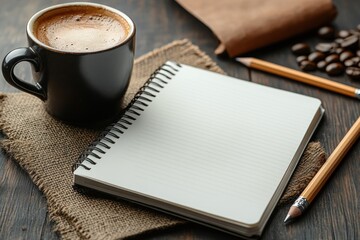 Wall Mural - Blank Notebook with Coffee and Pencils on Wooden Table