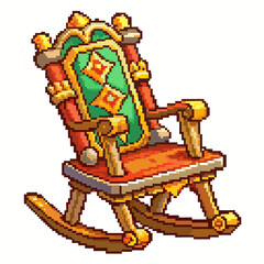 Vintage Pixel Art Rocking Chair with Ornate Design and Colorful Patterns