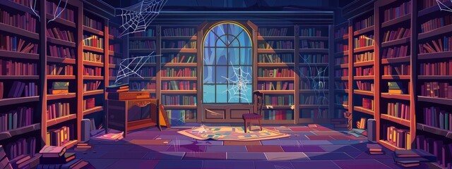 Abandoned library interior. Cartoon illustration.