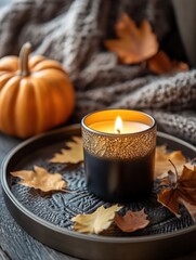 Wall Mural - A beautifully crafted candle placed on an elegant tray, surrounded by autumnal decorations like leaves and pumpkins, with generative ai