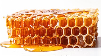 Wall Mural - Photo of a honeycomb with golden amber water drops