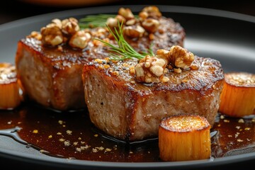 Wall Mural - Delicious Grilled Steak with Walnuts and Roasted Vegetables