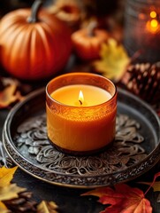 Wall Mural - A beautifully crafted candle placed on an elegant tray, surrounded by autumnal decorations like leaves and pumpkins, with generative ai