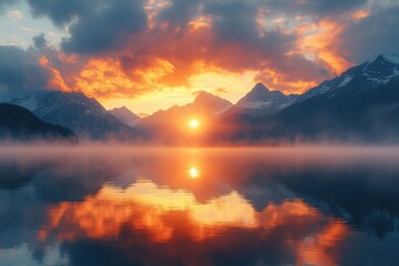 Wall Mural - Serene Sunset over Mountain Lake