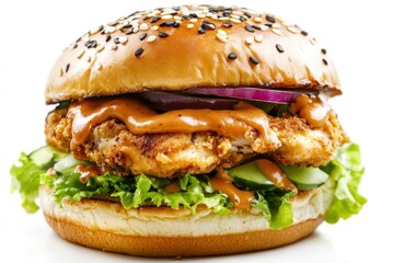 Delicious chicken burger, double burger with crispy chicken meat, salad and sauce isolated on white background , ai