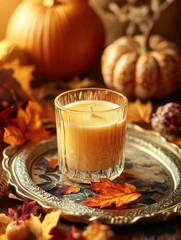 Wall Mural - A beautifully crafted candle placed on an elegant tray, surrounded by autumnal decorations like leaves and pumpkins, with generative ai