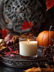 Wall Mural - A beautifully crafted candle placed on an elegant tray, surrounded by autumnal decorations like leaves and pumpkins, with generative ai