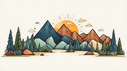 Hand-drawn icon set for a nature app, featuring icons for different types of landscapes like mountains, deserts, and forests with a soft and organic look. 