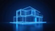© FoxGrafy - Futuristic 3D Wireframe Model of a Modern House with Neon Blue Lines on a Dark Background