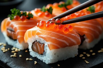 Wall Mural - Sushi with Salmon, Rice, and Red Caviar