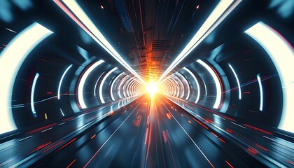 Dynamic futuristic tunnel illuminated by bright lights, showcasing rapid movement and technological advancement in a vibrant visual experience.