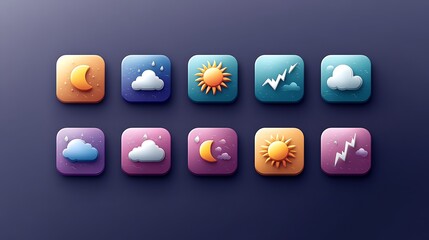 Wall Mural - minimalistic 2d icon set for a weather app, featuring sun, clouds, rain, and lightning symbols. the 