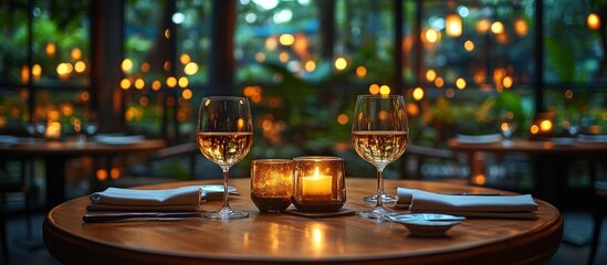 Elegant round table set for two, candlelit ambiance, sophisticated dining setup in an upscale restaurant with wine glasses