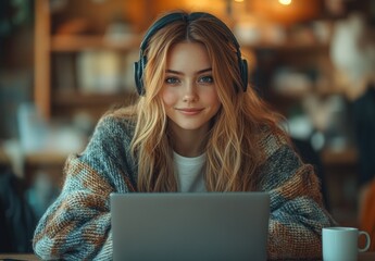 Sticker - Young Woman Working On Laptop with Headphones