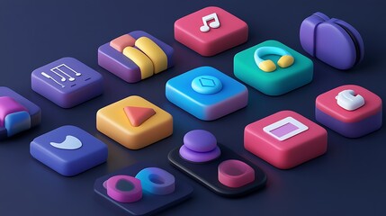 Wall Mural - 3D illustrated icon set for a music app, featuring icons for different types of music streaming services like Spotify, Apple Music, and Tidal with realistic and vibrant designs. 