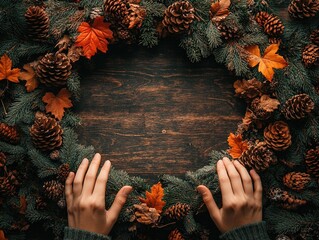 Two hands arranging pinecones and leaves for a Thanksgiving DIY table decoration. Bright, colorful setting, clean background.