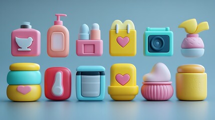 Wall Mural - 3D illustrated icon set for a shopping app, featuring icons for different types of products like electronics, beauty, and home goods with detailed and realistic designs. 