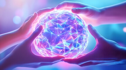 Canvas Print - Hands Holding Glowing Sphere, Abstract Network, Technology Concept