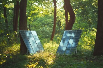 Solar panels installed in the green forest Clean alternative energy concept. Environment, solar energy, generator, ai