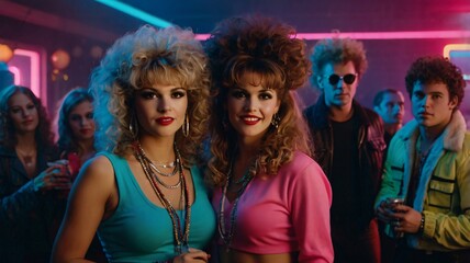 Retro party in colorful 1980s nightclub with fashionable friends enjoying a night out together