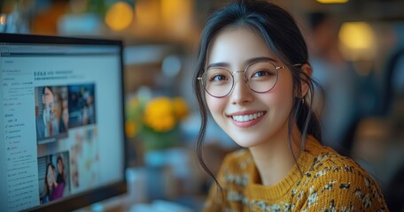 Poster - Smiling Woman with Glasses in a Cafe