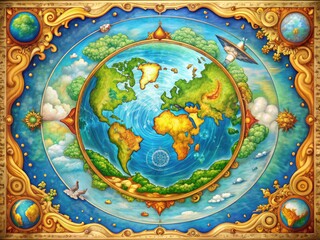 A vibrant, stylized illustration of a flat Earth, surrounded by a scroll-like border, features a colorful, annotated map with geographical landmarks and fantastical elements.