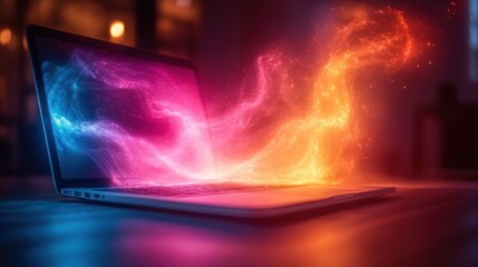 Sticker - Digital Magic: Laptop with Ethereal Light Eruptions