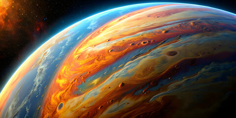 Inferno Planet: A fiery gas giant rages with swirling storms and volcanic plumes, a mesmerizing spectacle of cosmic power.