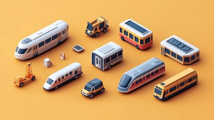 Wall Mural - 3D illustrated icon set for a travel app, featuring icons for different types of transportation like airplanes, trains, and buses with realistic and immersive designs. 