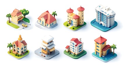 Wall Mural - 3D illustrated icon set for a travel app, featuring icons for different types of travel accommodations like hotels, hostels, and vacation rentals with realistic and detailed designs. 