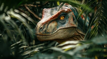 Wall Mural - Dinosaur Eye Peeking Through Jungle Foliage