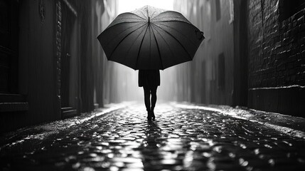 Wall Mural - A solitary figure with an umbrella walks through a misty alleyway.