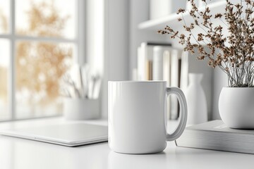 Poster - White Mug on a White Table with a Laptop and Dried Flowers