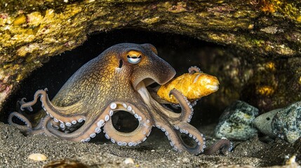 Poster - Octopus Hunting in a Rocky Underwater Cave