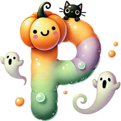 Playful Pumpkin, Cat, and Ghost-Themed Letter P with a Halloween Twist