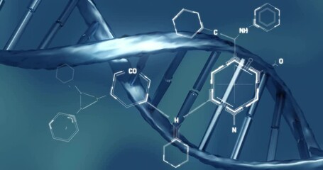 Wall Mural - Animation of scientific data processing over dna strand spinning