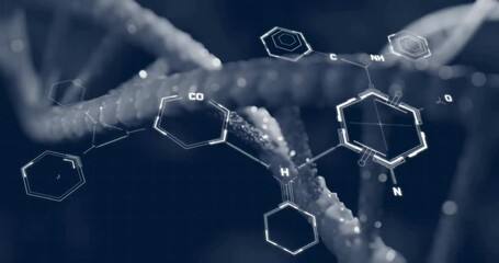 Wall Mural - Animation of scientific data processing over dna strand spinning