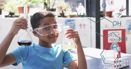 Sticker - Holding flasks with liquids, boy in goggles with chemical structure animation