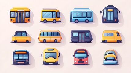 Wall Mural - flat vector icon set for a transportation app, featuring icons for different types of public transpo