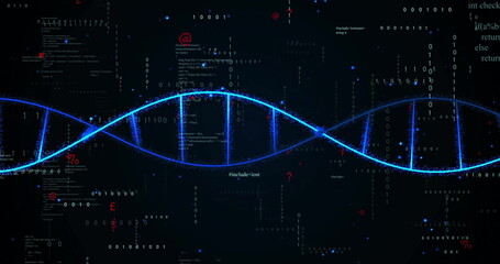 Sticker - Image of digital data processing and dna strand on black background