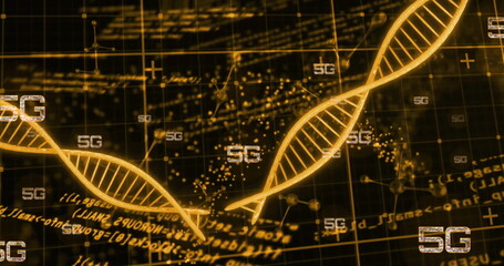 Poster - Image of 5g text, digital data processing and dna strands on black background