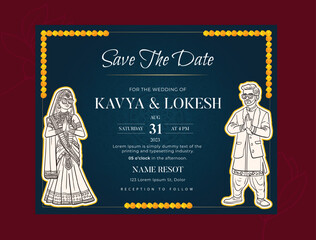 Poster - Traditional Royal Wedding Invitation card design with Bride and Groom Welcoming illustration	