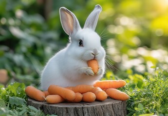 Wall Mural - Adorable White Rabbit Enjoying Carrots