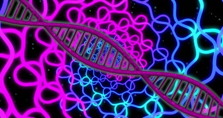 Wall Mural - animation of dna strand over blue and pink shapes moving
