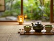 © nitiroj - Japanese tea set with matcha and wagashi, served on a tatami mat, Japanese food, cultural ritual