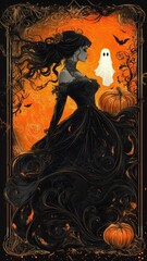 Wall Mural - Halloween in Art Nouveau, ornate pumpkins, elegant ghosts, flowing lines, intricate patterns.