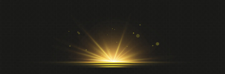 Poster - The effect of a bright golden flash of light on a transparent background with rays and glare. Light yellow light